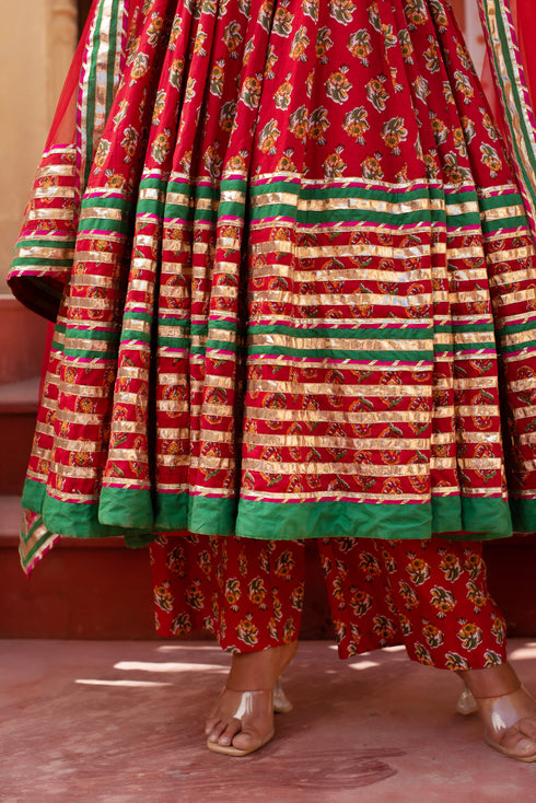 Pomcha Jaipur Red Cotton Gota Patti Anarkali Set With Soft Net Dupatta